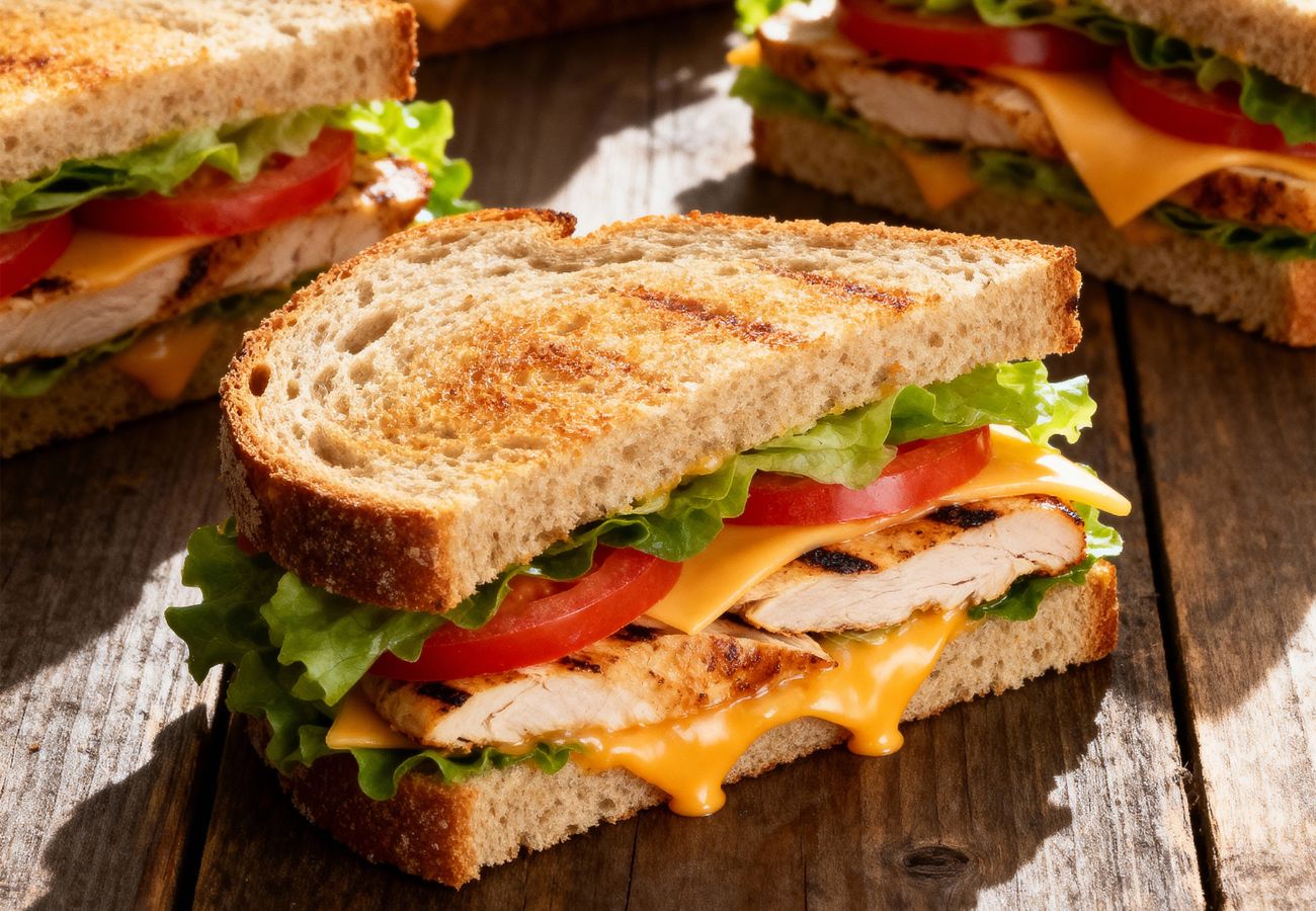Club sandwich revisité garni sur un pain biologique Inéwa, tranché et dressé sur une planche